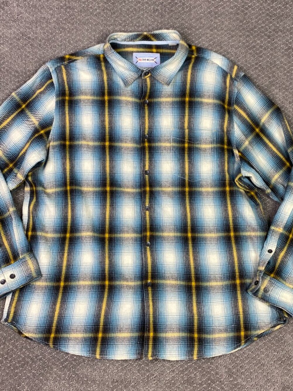 32 Bar Blues Flannel Shirt Men's XXL Teal Blue Black Yellow Shadow Plaid